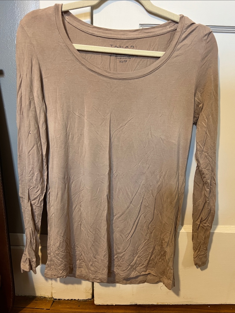 Tahari Long Sleeve Scoop Neck Top - Taupe Beige